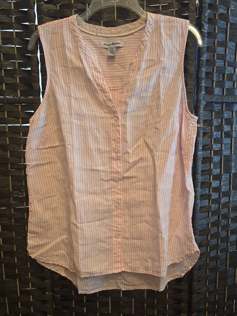Tommy Bahama Pale Pink Striped Sleeveless Button-Front Linen Top, Large